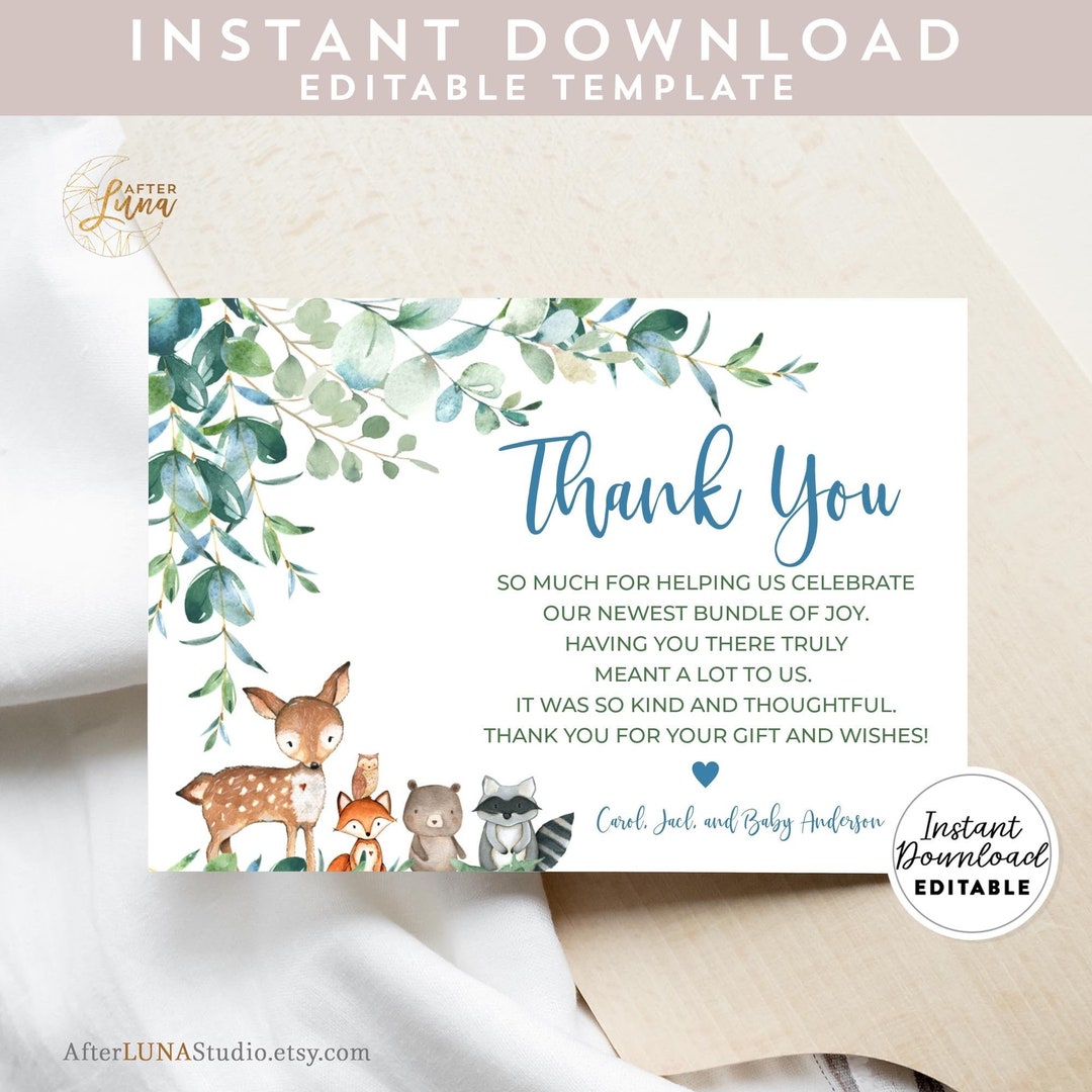 Editable Woodland Thank You Flat Card Deer Bear Drive by Virtual Baby ...