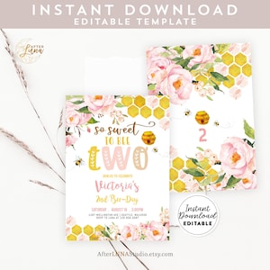May include: Editable printable invitation for a 2nd birthday party with a bee theme. The invitation features a watercolor illustration of pink flowers, bees, and honeycomb. The text reads "So sweet to bee two" and includes the birthday girl's name, date, time, and RSVP information.