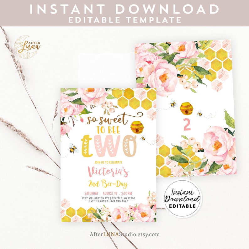May include: Editable printable invitation for a 2nd birthday party with a bee theme. The invitation features a watercolor illustration of pink flowers, bees, and honeycomb. The text reads "So sweet to bee two" and includes the birthday girl's name, date, time, and RSVP information.
