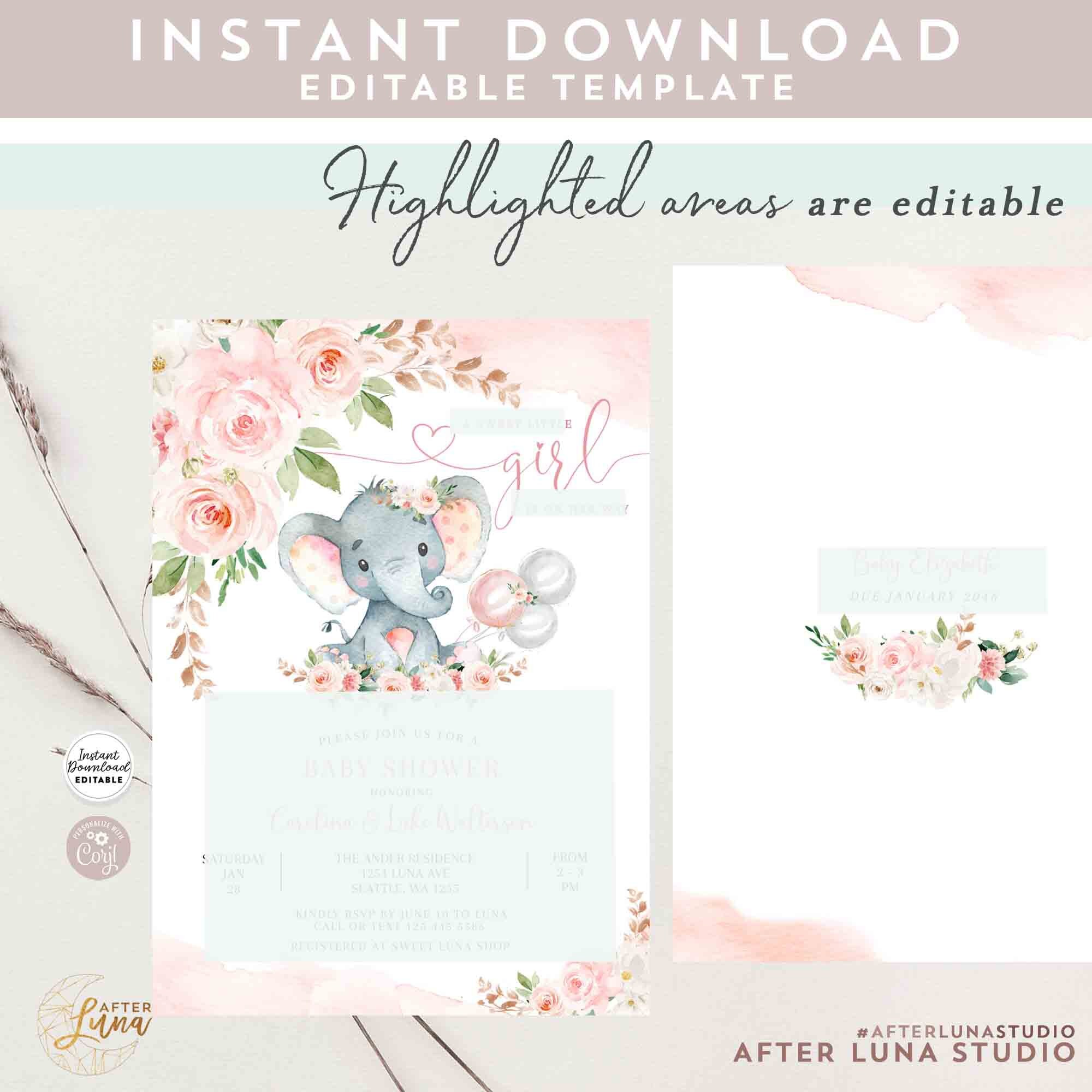 Buy EDITABLE Blush Pink Rose Gold Elephant Baby Shower Invitation Girl ...