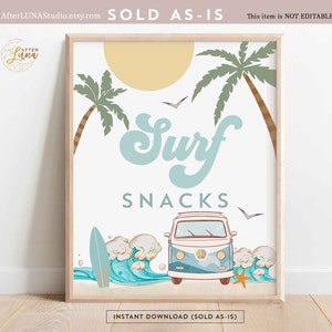 Boy Surfing Surf Birthday Decor Surf Snacks Treats Sign The Big One Surf&#39;s Up Birthday Decorations Sign Printable Instant Download 661K3