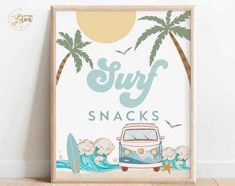 Boy Surfing Surf Birthday Decor Surf Snacks Treats Sign The Big One Surf's Up Birthday Decorations Sign Printable Instant Download 661K3