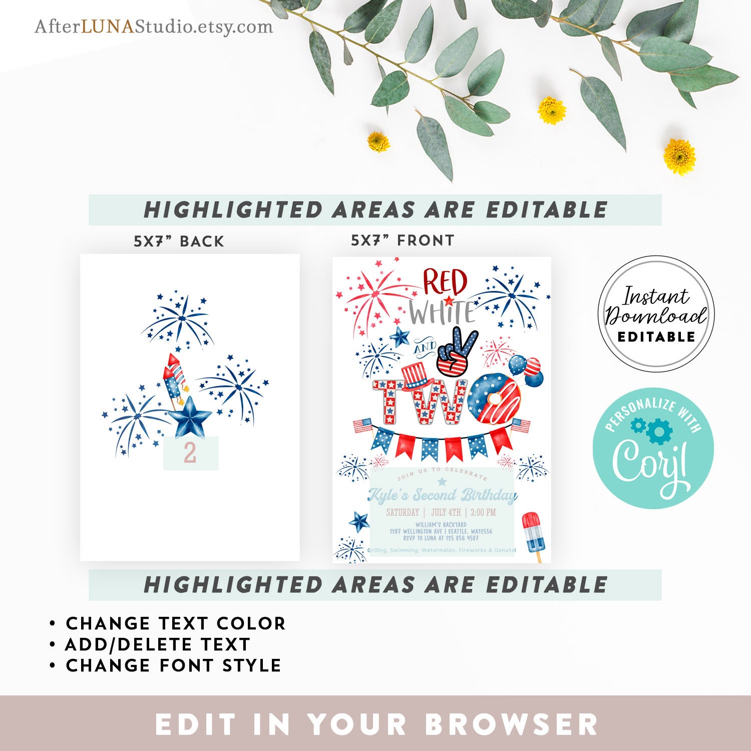 Editable Red White and Two Invitations 4th of July 2nd Birthday ...