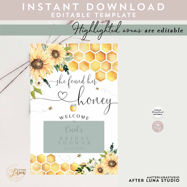 Editable Sunflower She Found Her Honey Bumble Bee Bridal Shower Welcome Sign Yard Sign 24x36 18x24 16x20 Printable Instant Download 846BR1 image 2