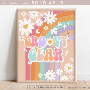 Groovy Birthday Party Decor 70&#39; Daisy Groovy Gear Sign Decor Groovy Rainbow Hippie Verjaardagsdecoratie Afdrukbare Instant Download 633K4