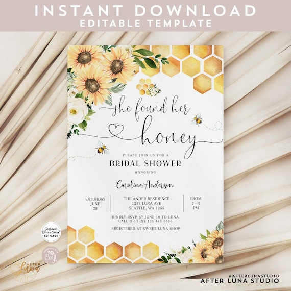 Editable Sunflower She Found Her Honey Rustic Bridal Wedding Shower Invitation Bee Invite Printable Template Instant Download 846BR1 (3)