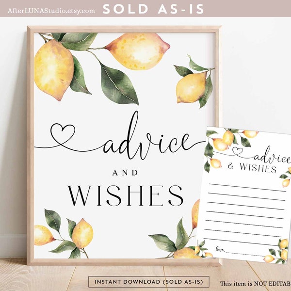 Lemon Advice and Wishes Sign and Card Game Printable Citrus Lemon Bridal Shower Game Games Sign Digital Instant Download 237BR