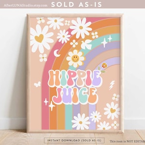 Groovy Birthday Party Decor 70&#39; Daisy Hippie Juice Sign Decor Groovy Rainbow Hippie Verjaardag Decoratie Afdrukbare Instant Download 633K4