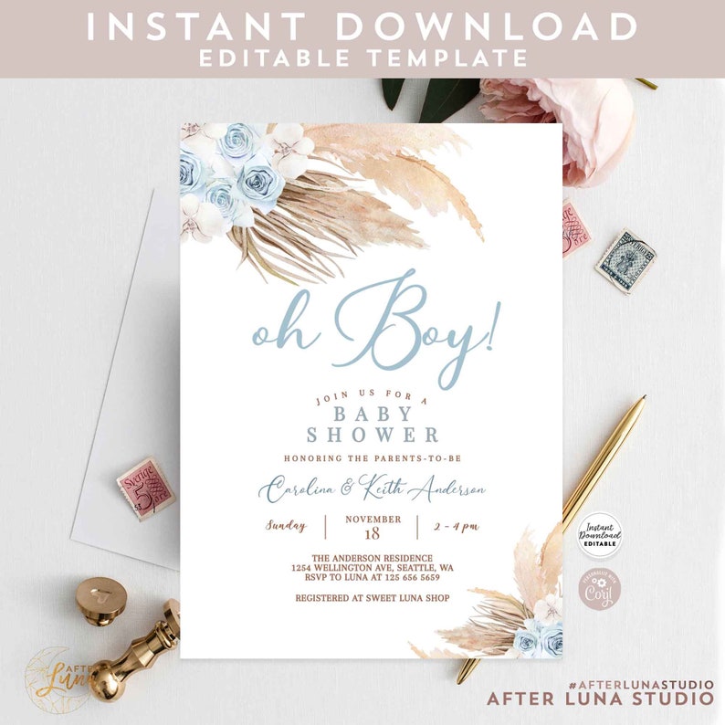 Editable Blue Pampas Grass Boho Baby Shower Invitation Boy Minimalist ...