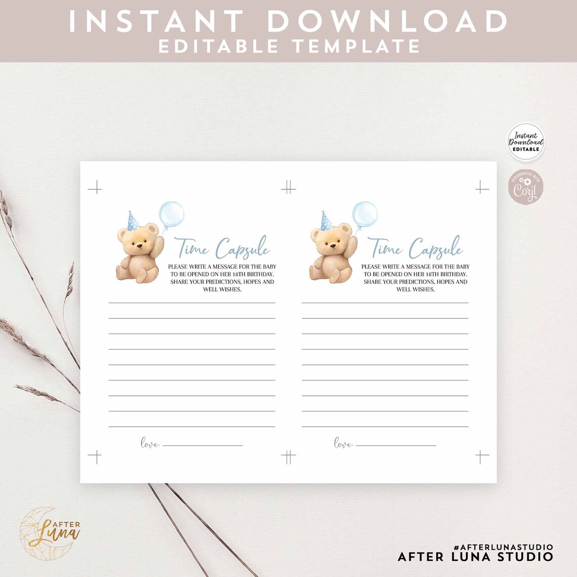 Editable Blue Boy Teddy Bear Birthday Time Capsule Sign Card Birthday ...