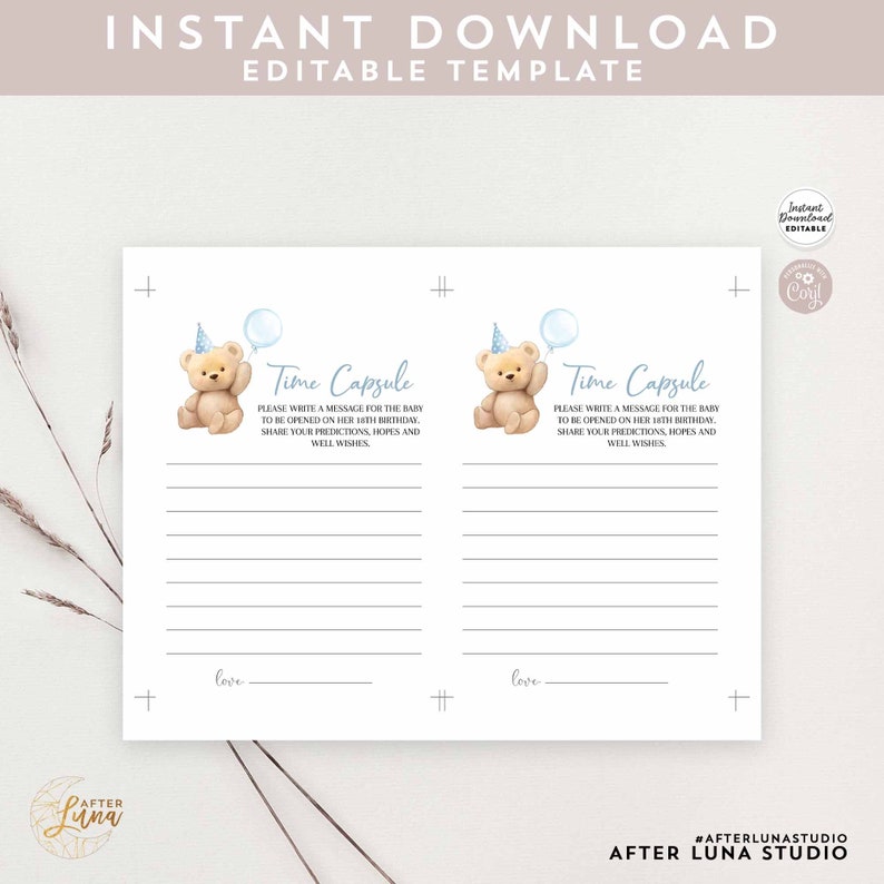 Editable Blue Boy Teddy Bear Birthday Time Capsule Sign Card Birthday ...