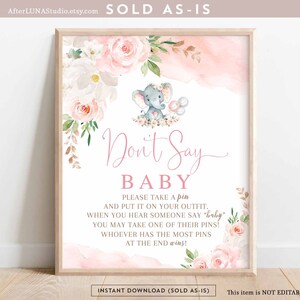 Éléphant rose blush Don&#39;t say baby jeu signe petite fille cacahuète éléphant baby shower Decor décoration signe numérique téléchargement immédiat 288V1