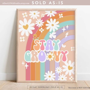 Groovy Birthday Party Decor 70&#39; Daisy Stay Groovy Sign Decor Groovy Rainbow Hippie Verjaardagsdecoratie Afdrukbare Instant Download 633K4
