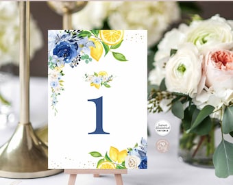 Editable Blue Floral Lemon Table Number Unlimited Numbers Couple Baby Shower Brunch Table Decor Template Instant Download 157BR5