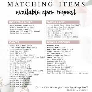May include: A pink and white printable checklist for a baby shower with a list of matching items available upon request. The list includes inserts, tags and labels, games, and signs and decors. The text "Don't see what you are looking for? Send us a message" is at the bottom of the checklist.