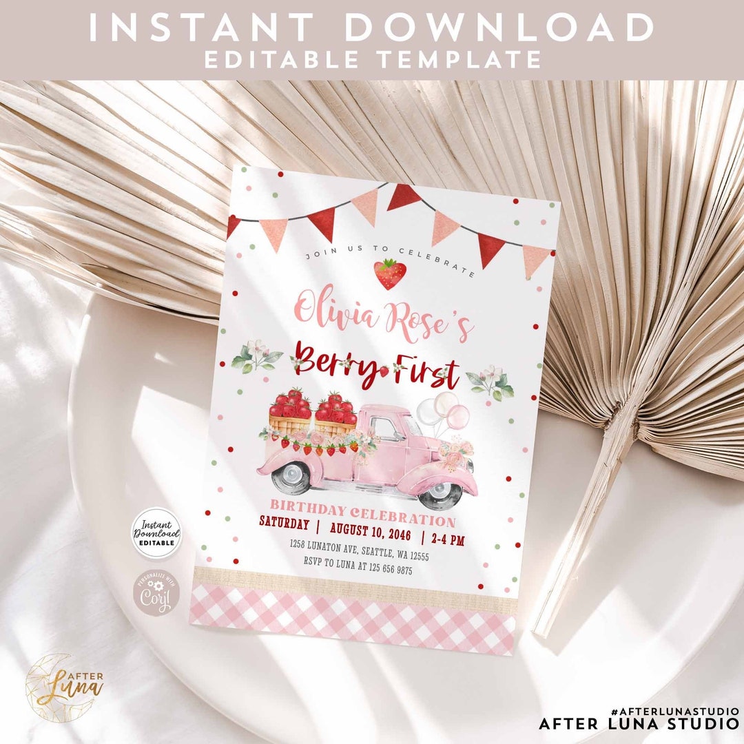 Editable Pink 1st Berry First Strawberry Birthday Invitation Photo ...
