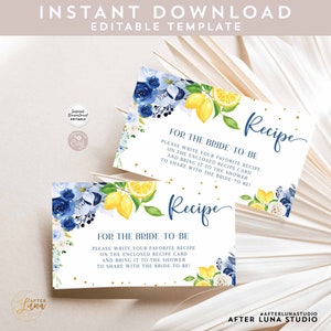 Editável personalizado azul floral limão receita inserir casal de casamento receita de chá de panela modelo para impressão download instantâneo 157BR5