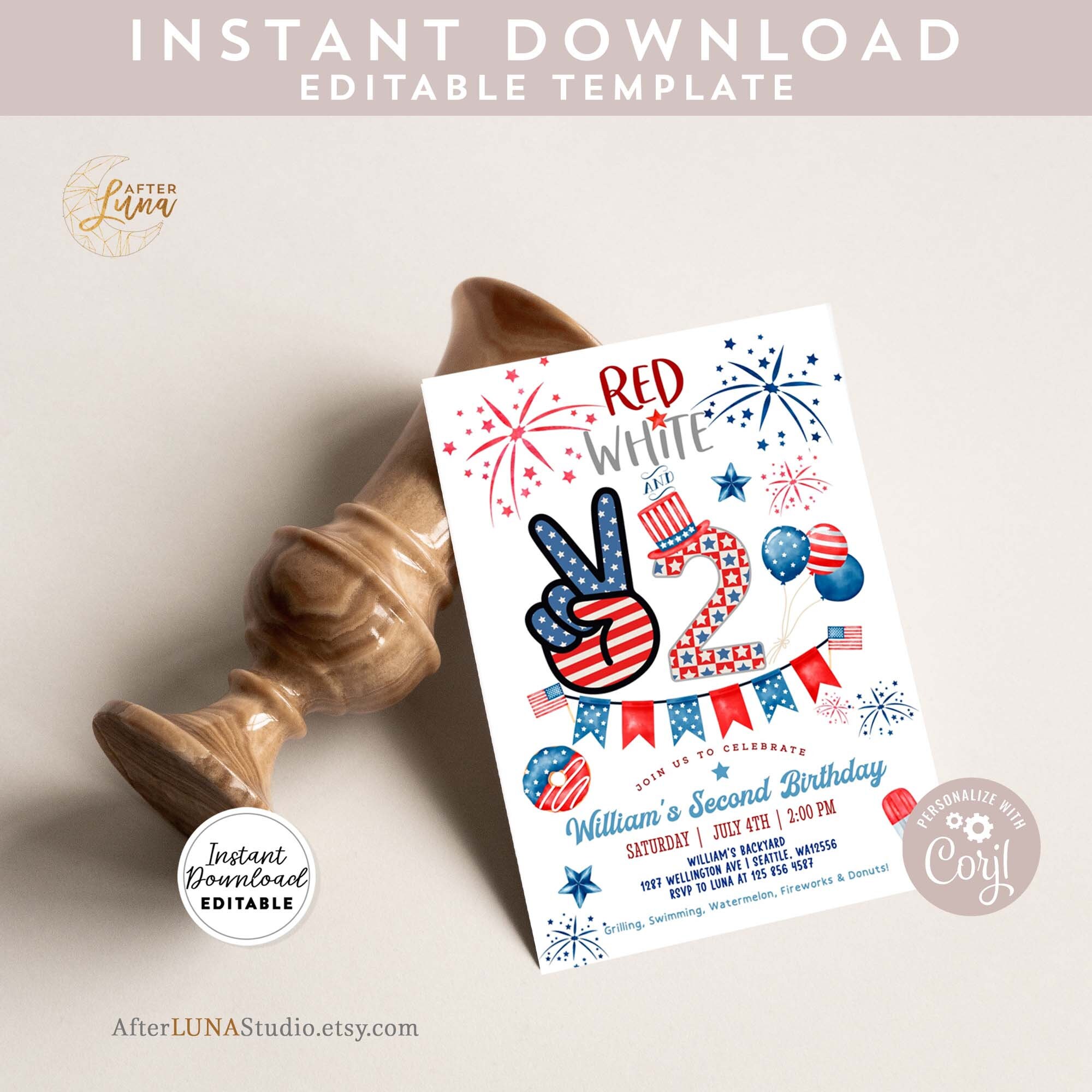 Editable Red White and Two Invitations 4th of July 2nd Birthday ...