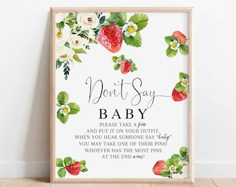 Strawberry Don't Say Baby Game Sign Strawberry Berry Sweet Baby Shower Decoration Farm Market Shower Games Printable Instant Download 236V1