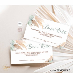 Editable Sage Green Pampas Grass Boho Baby Shower Gender Neutral Diaper Raffle Card Insert Plantilla imprimible Descarga instantánea 212V6