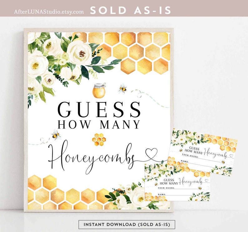 Bee Baby Shower Games Guess How Many Honeycombs Game Sign Card Gender Neutral Reveal Baby Shower Game Printable Instant Download 845V1 