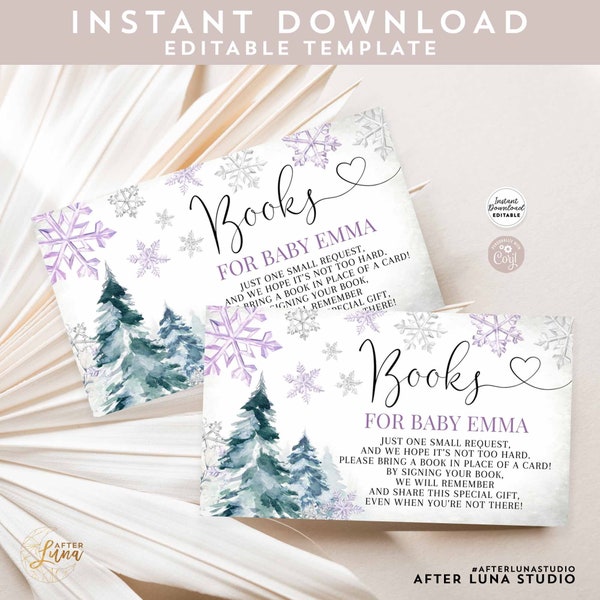 Editable Purple Winter Snowflake Baby Shower Book Request Insert Tree Forest Evergreens Bring A Book Card Template Instant Download 120V4