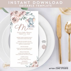Editável QUALQUER EVENTO Boho Malva Elefante Rosa Pequeno Amendoim Bebê Chá de panela Batismo Menu de aniversário Modelo para impressão Download instantâneo 274V1