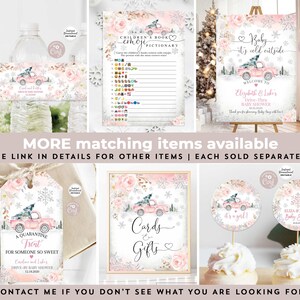 May include: A set of printable baby shower decorations featuring a pink and white color scheme with a winter theme. The decorations include a welcome sign, a game card, a favor tag, a cupcake topper, and a card and gift sign. The decorations feature a red truck with a Christmas tree on top.
