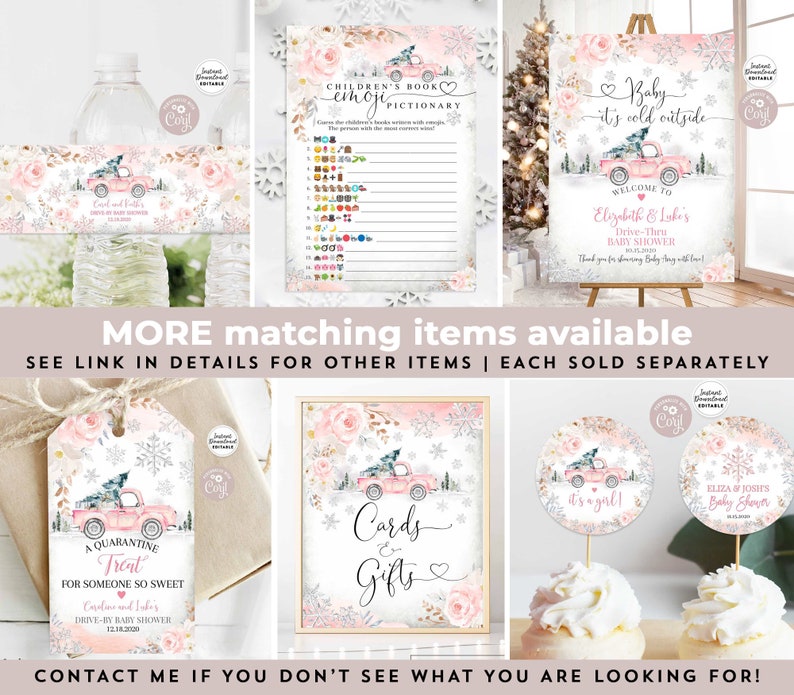 May include: A set of printable baby shower decorations featuring a pink and white color scheme with a winter theme. The decorations include a welcome sign, a game card, a favor tag, a cupcake topper, and a card and gift sign. The decorations feature a red truck with a Christmas tree on top.
