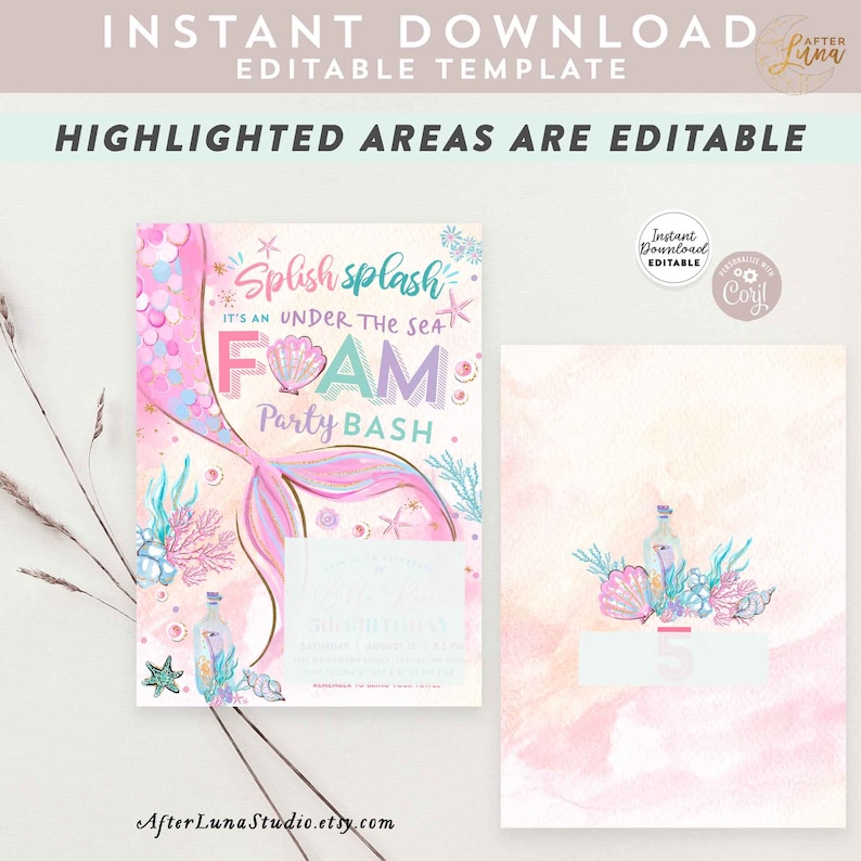 Editable Mermaid Under the Sea Foam Party Invitation Girl Birthday Invite Party Birthday Invite Printable Template Instant Download 1328 1 image 4