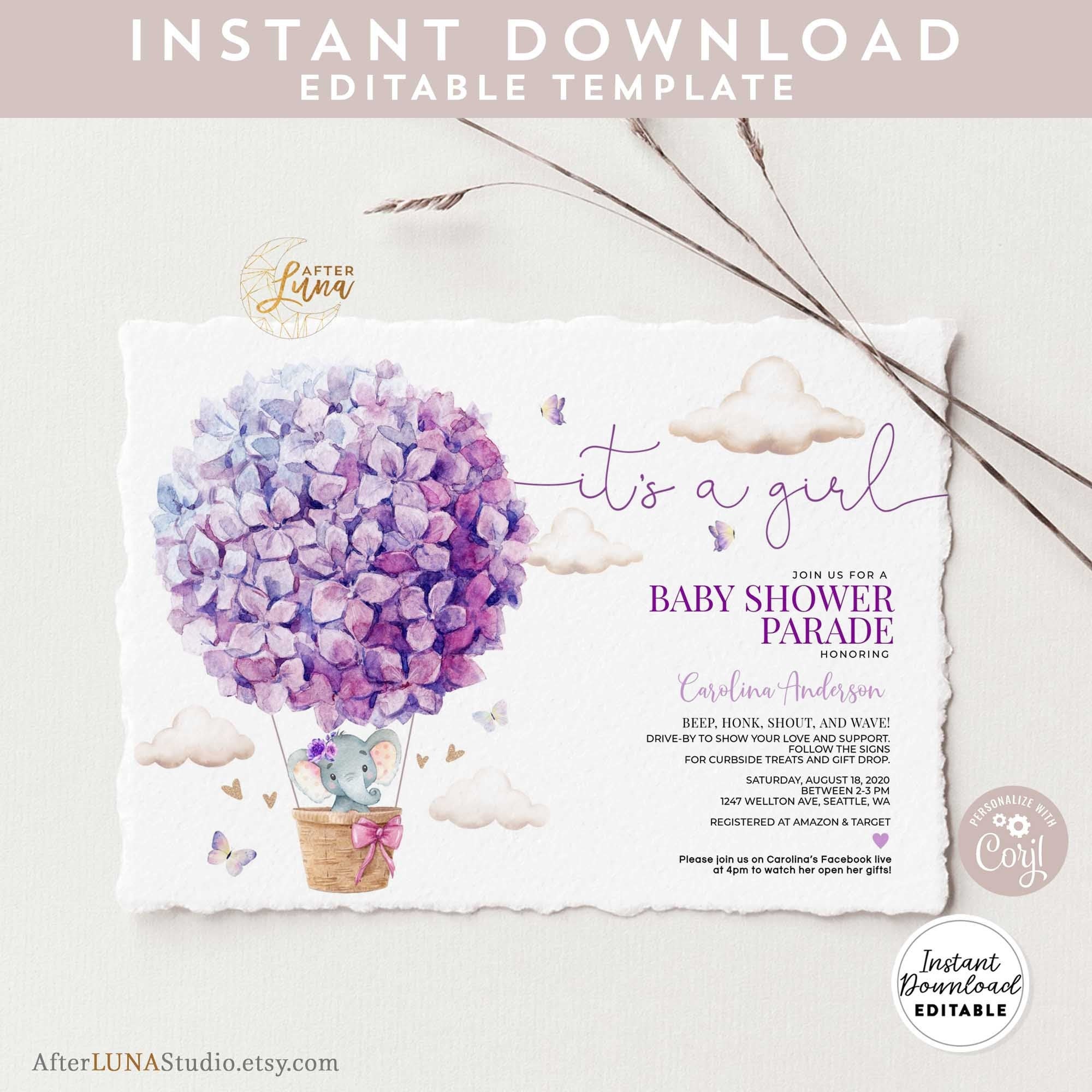 Invitations Paper & Party Supplies Editable Drive By Baby Shower Thank You Card Purple Elephant