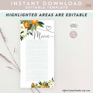 May include: Editable baby shower menu template with a watercolor floral design featuring oranges, white flowers, and green leaves. The menu includes a heart, the word "Menu", and a list of food and drink options. The text "Erica's Baby Shower August 20, 2046" is also included.