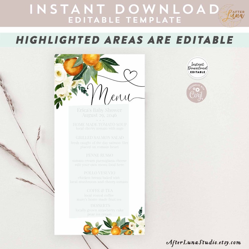 May include: Editable baby shower menu template with a watercolor floral design featuring oranges, white flowers, and green leaves. The menu includes a heart, the word "Menu", and a list of food and drink options. The text "Erica's Baby Shower August 20, 2046" is also included.