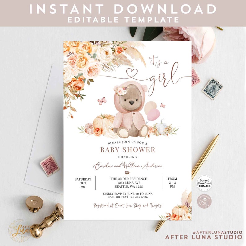 May include: A baby shower invitation with a pink and brown teddy bear wearing a floral crown. The invitation has a floral design with pumpkins and butterflies. The text on the invitation reads "It's a girl" and "Please join us for a baby shower honoring Caroline and William Anderson".