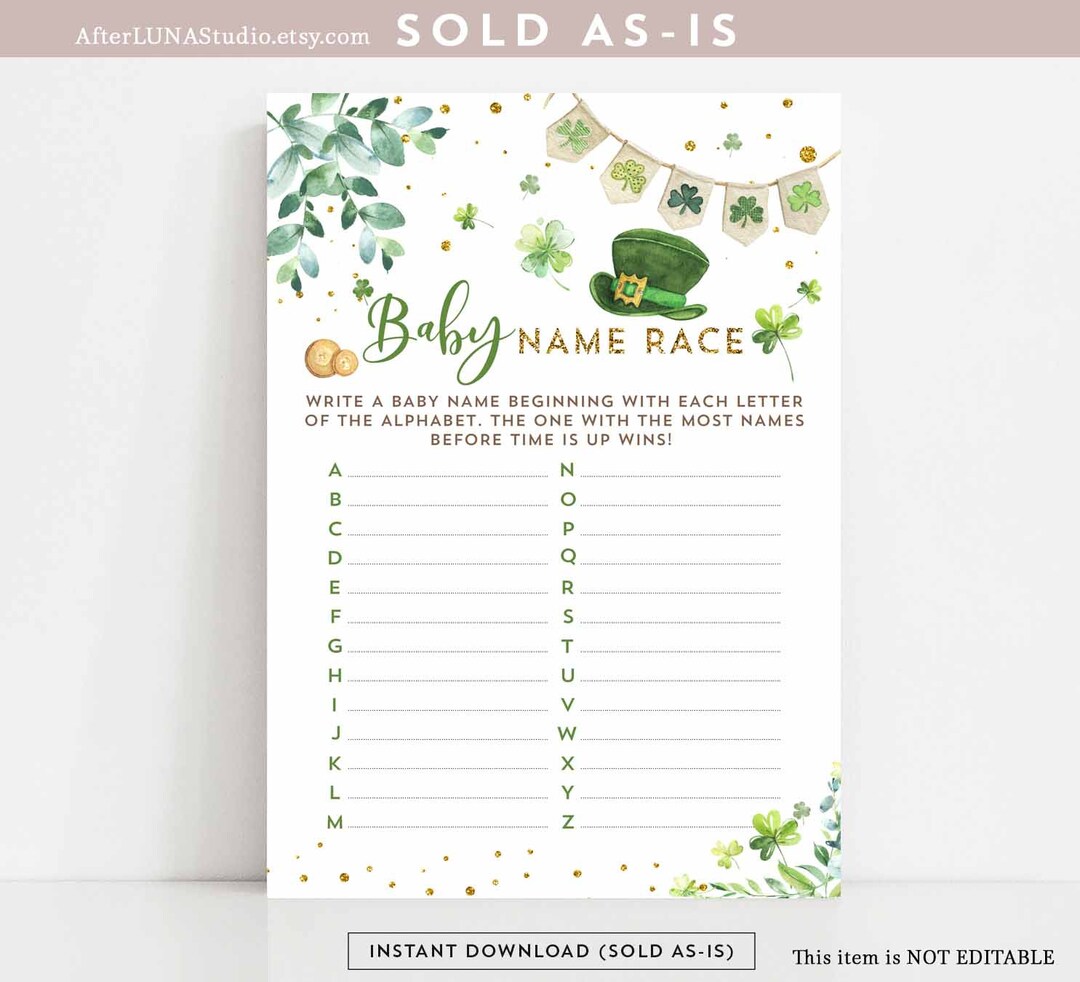 St Patrick's Day Shamrock Baby Name Race Game Virtual Zoom Baby Shower ...