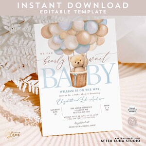 May include: Baby shower invitation template with a teddy bear in a hot air balloon design. The invitation features the text "We can bearly wait BABY" in blue and brown colors. The template is an instant download.