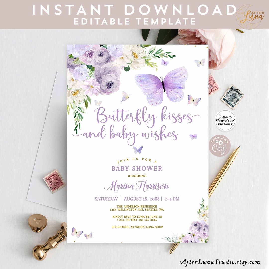 Editable Purple Lavender Gold Butterfly Kisses and Baby Wishes Baby ...