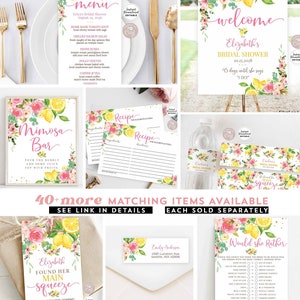 K&ouml;nnte beinhalten: Ein Satz druckbarer Brautdusche-Partydekorationen mit einem Zitronen- und Blumendesign. Die Dekorationen umfassen ein Willkommenszeichen, ein Men&uuml;, ein Mimosa-Bar-Schild, eine Rezeptkarte, ein Dankesch&ouml;n-Etikett, eine &bdquo;W&uuml;rde sie lieber&ldquo;-Spielkarte und ein Adressaufkleber. Die Dekorationen sind in Rosa, Gelb und Gr&uuml;n.