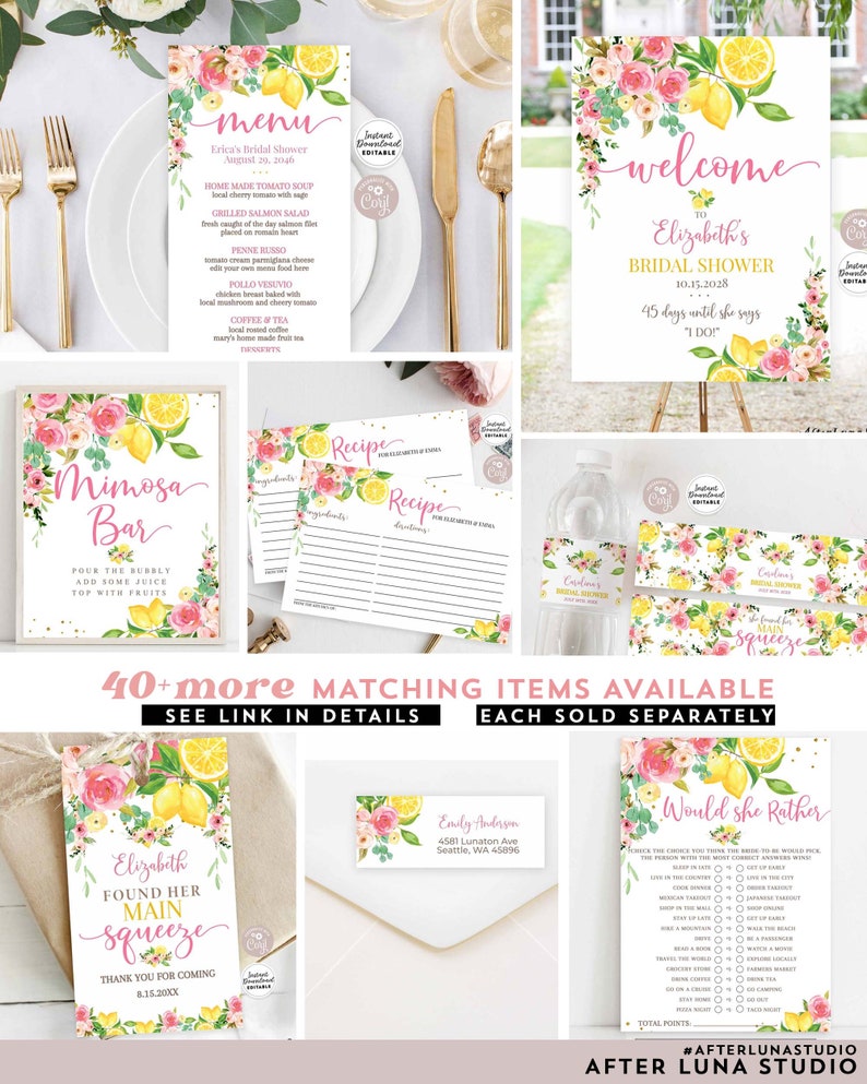K&ouml;nnte beinhalten: Ein Satz druckbarer Brautdusche-Partydekorationen mit einem Zitronen- und Blumendesign. Die Dekorationen umfassen ein Willkommenszeichen, ein Men&uuml;, ein Mimosa-Bar-Schild, eine Rezeptkarte, ein Dankesch&ouml;n-Etikett, eine &bdquo;W&uuml;rde sie lieber&ldquo;-Spielkarte und ein Adressaufkleber. Die Dekorationen sind in Rosa, Gelb und Gr&uuml;n.