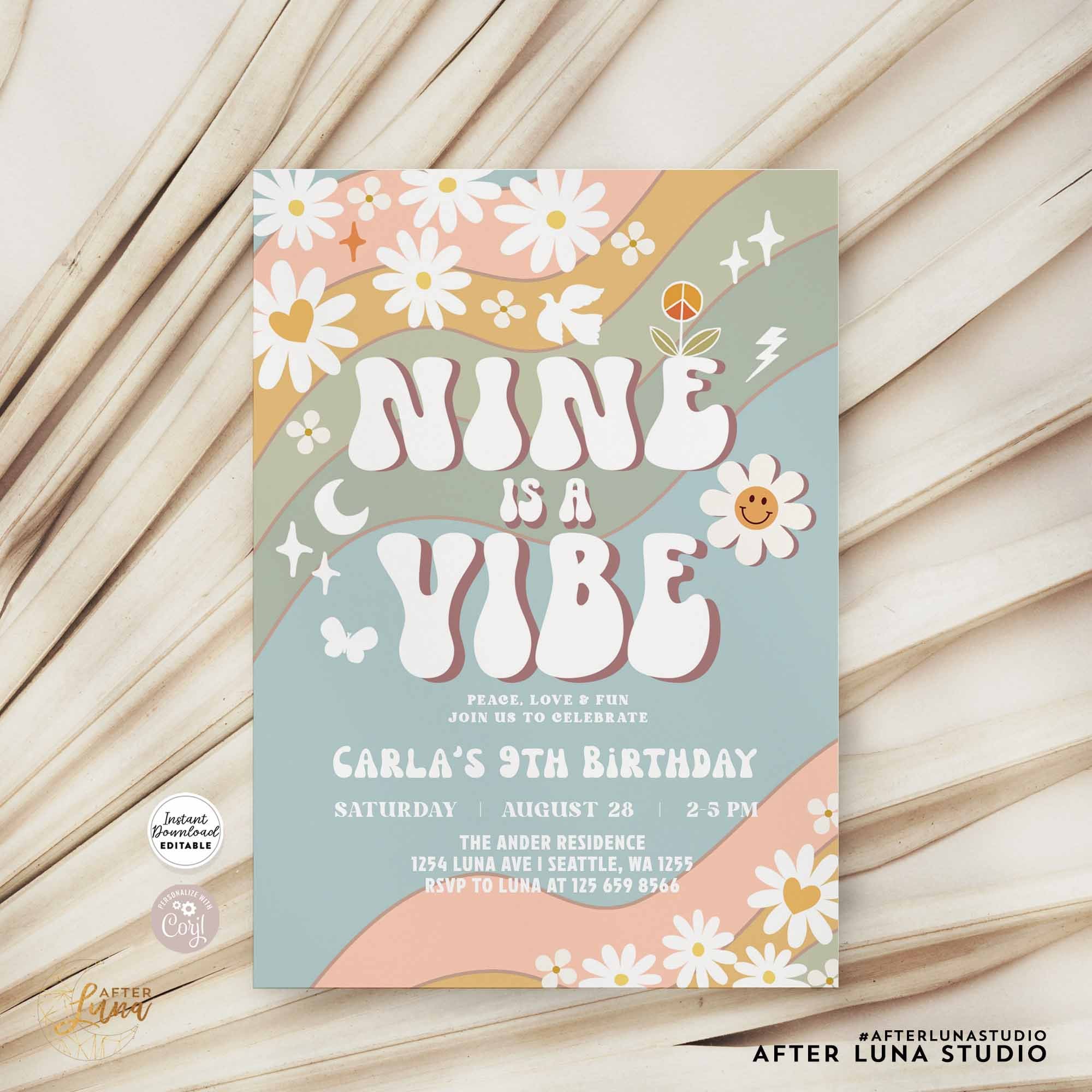 NUMBER (N)INE DREAM期 invitations ポストカード Editable 9th Muted Green Blue NINE is a Vibe Birthday Invite Daisy