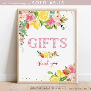 Può includere: Un cartello stampabile con un bordo floreale rosa e limoni. Il cartello dice "GIFTS thank you" in lettere rosa e rosse. Il cartello è per un matrimonio o un addio al nubilato.