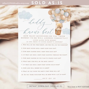 Blue Boy Teddy Bear Hot Air Balloon Daddy Knows Best Game Boho We Can Beary Wait Baby Shower Games Digital Printable Instant Download 905V1