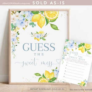 Digital azul floral limón Guess The Sweet Mess signo y juego de cartas juego imprimible Citrus Lemon Boy Baby Shower Digital Instant Download 157V2