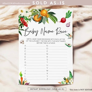 Fruits cultivés localement Baby Shower Baby Name Race Farmers Market Virtual Baby Shower Saupoudrer Jeu Imprimable Digital Instant Download 361V1