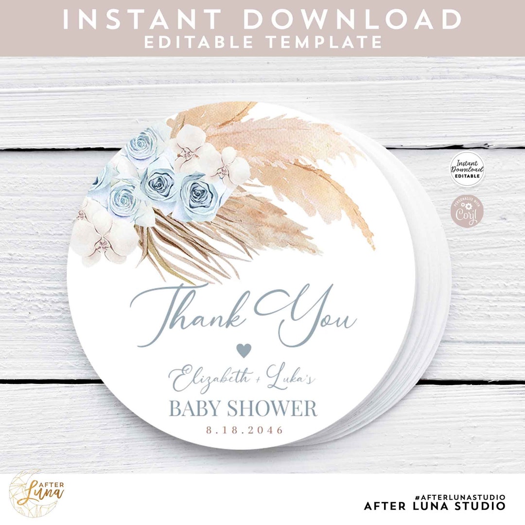 Editable Blue Pampas Grass Bohemian Boho Baby Bridal Shower Thank You ...