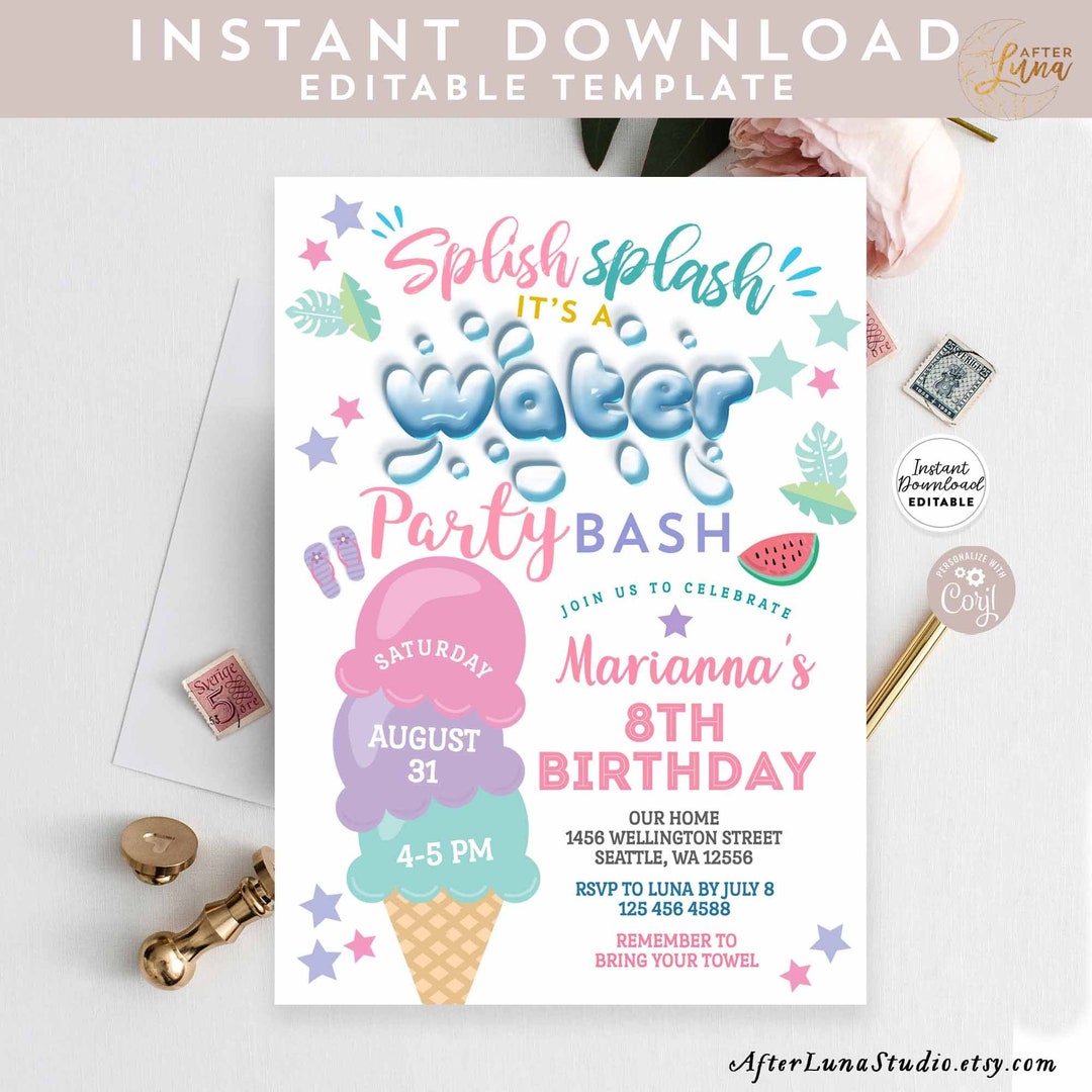 Editable ANY AGE Water Party Invitation Girl Ice Cream Waterslide Water Slide Party Birthday