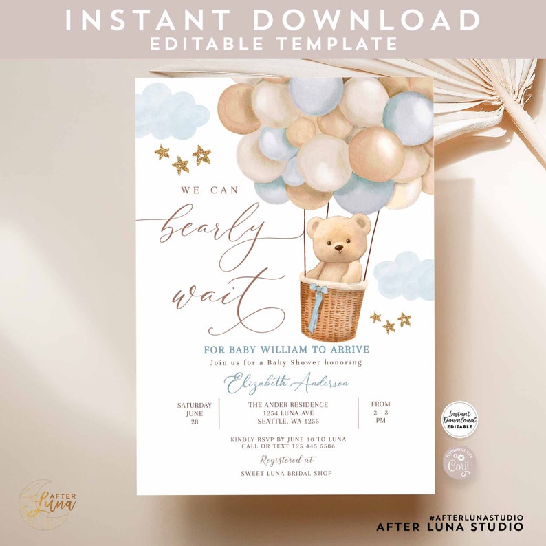 Editable Teddy Bear Hot Air Balloon Baby Shower Invitation Etsy