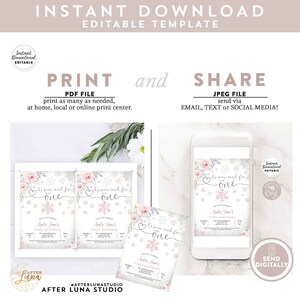 May include: Printable invitation for a first birthday party with a winter theme. The invitation features a snowflake design with the text "It's snow much fun one" and a pink floral border. The invitation is available as a digital download and can be printed at home or at a print shop.