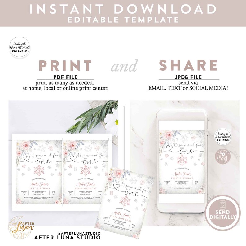 May include: Printable invitation for a first birthday party with a winter theme. The invitation features a snowflake design with the text "It's snow much fun one" and a pink floral border. The invitation is available as a digital download and can be printed at home or at a print shop.