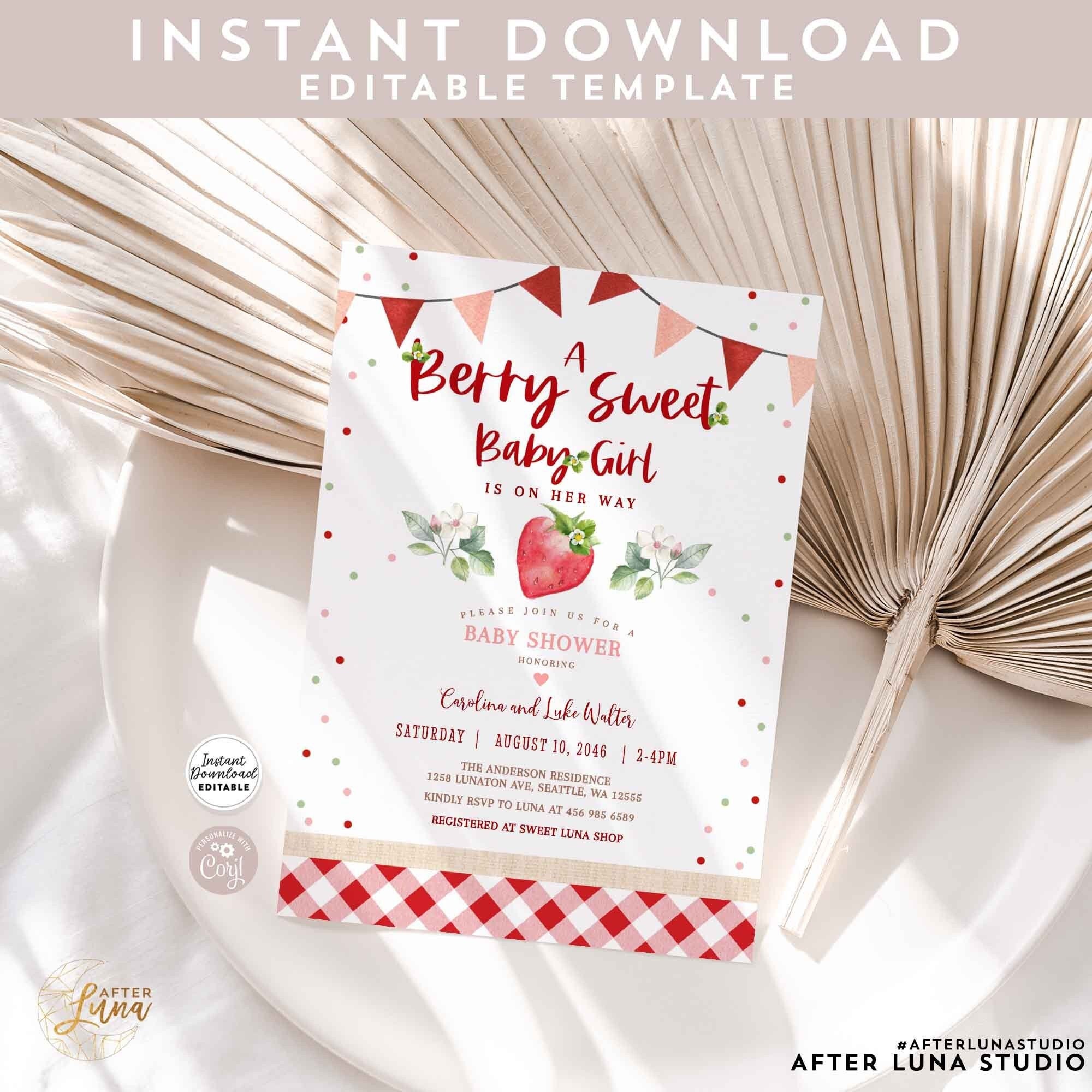 Editable Strawberry Baby Shower Invitation Berry Sweet Baby Shower Invite  Berry Sweet Baby Shower Invite Printable 236V1 1 